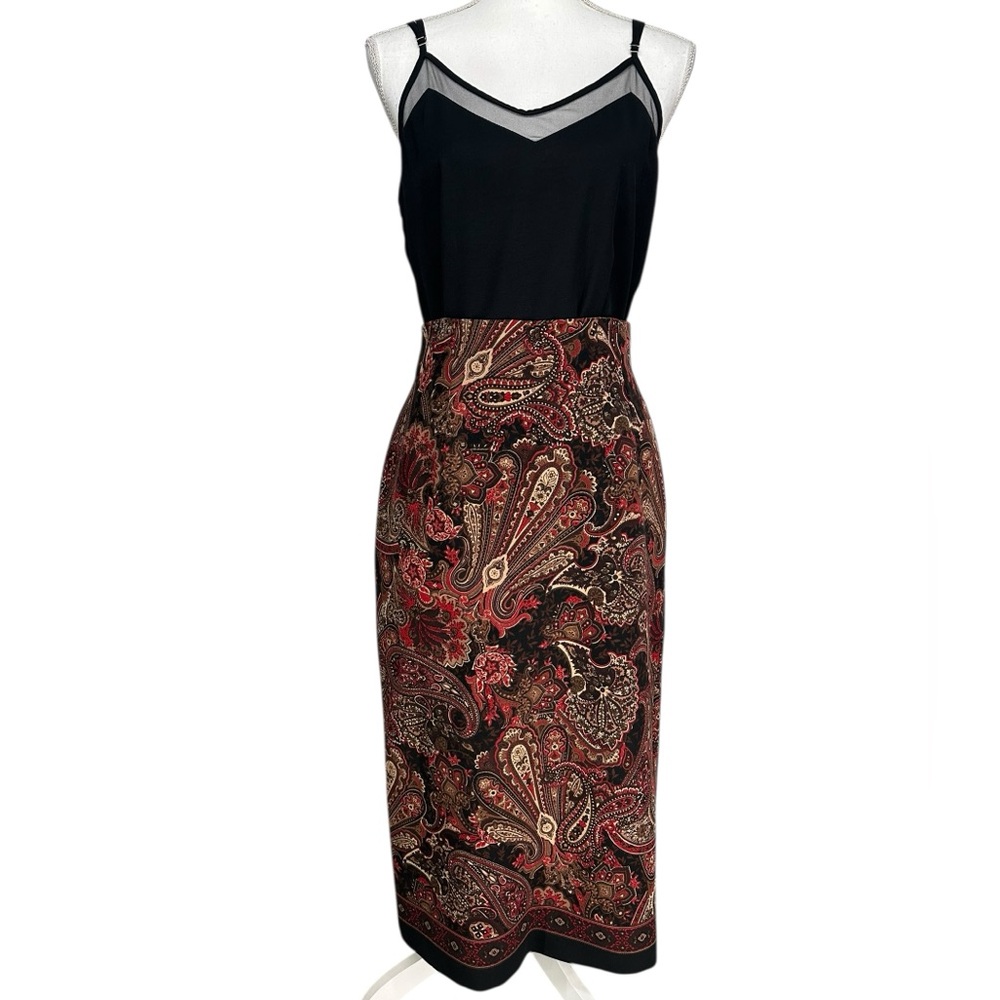 BRIGGS NEW YORK PETITE / Red & Brown Long Pencil Skirt / Size 6P / Boho Retro